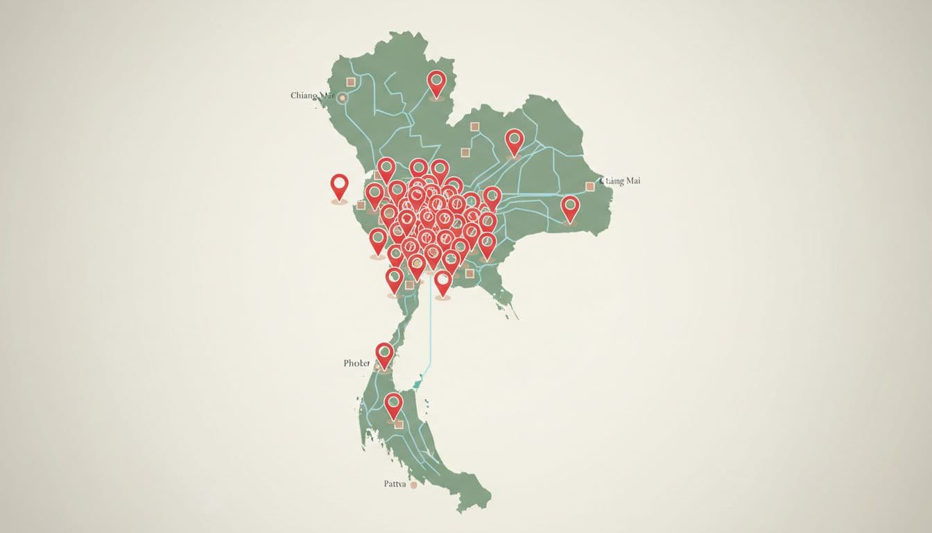 Modern illustration of a stylized Thailand map with retail store pins clustered densely in Bangkok and spreading to Chiang Mai, Phuket, and Pattaya, featuring clean shapes, controlled colors, and strong centered composition.