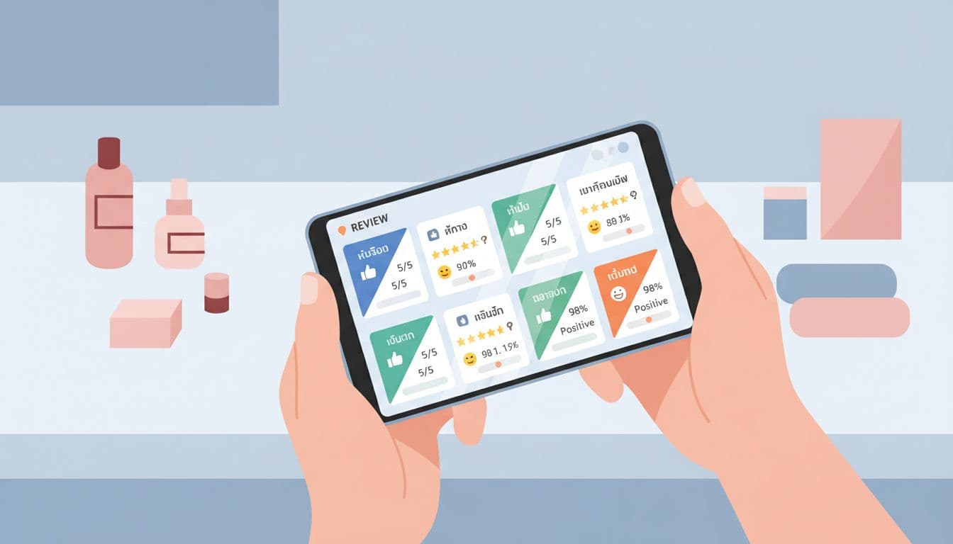 Modern illustration of a mobile phone screen showing bilingual Thai and English review notifications for a retail store, featuring multiple positive rating icons and a store counter background with products under soft lighting.