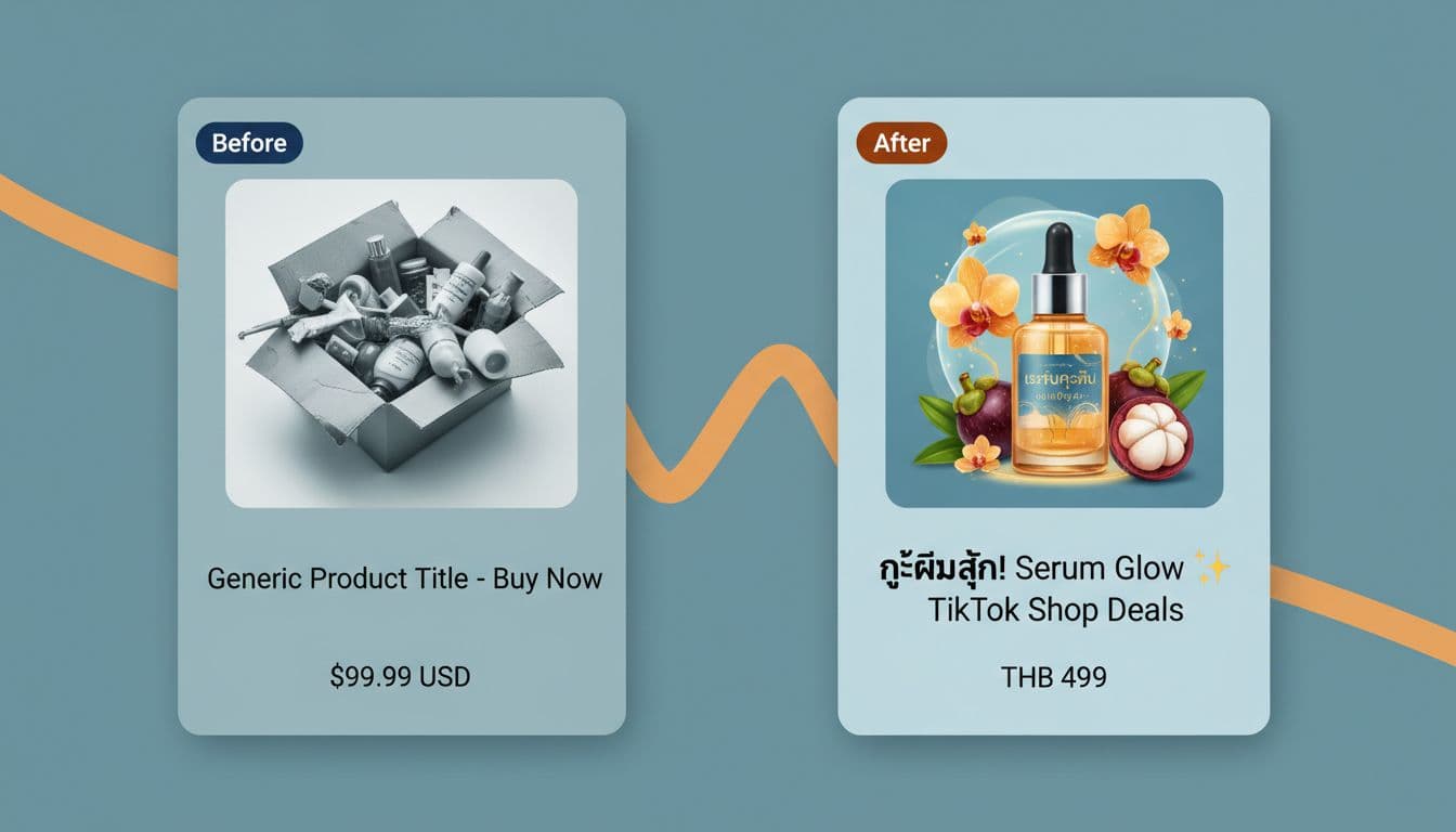 Modern split-composition illustration contrasting a cluttered, generic product card (before) with an optimized, high-quality Thai-localized version featuring catchy Thai-English title, THB pricing, and clean design (after), using a controlled blue-orange palette.