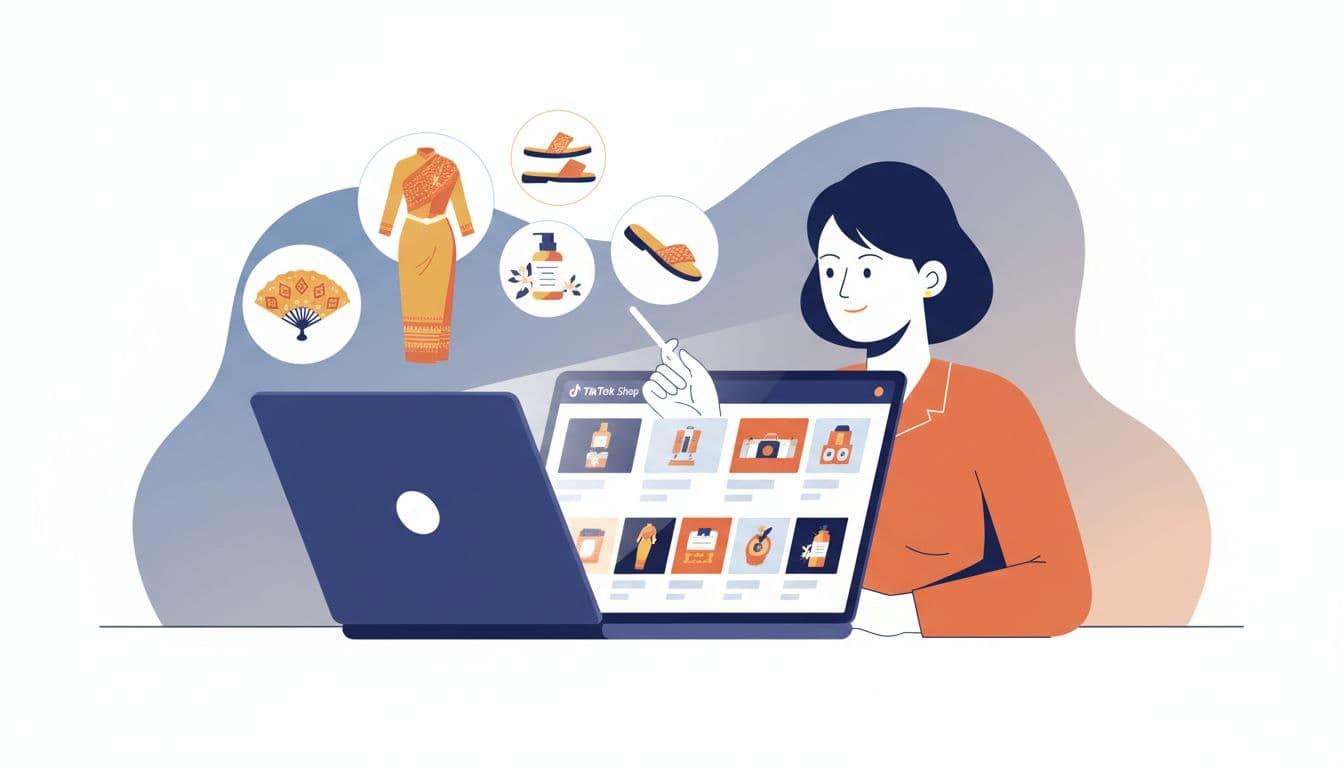 Modern illustration of a Thai ecommerce manager at a desk reviewing TikTok Shop product feed on a laptop, surrounded by floating product icons like clothing and beauty items in Thai style.
