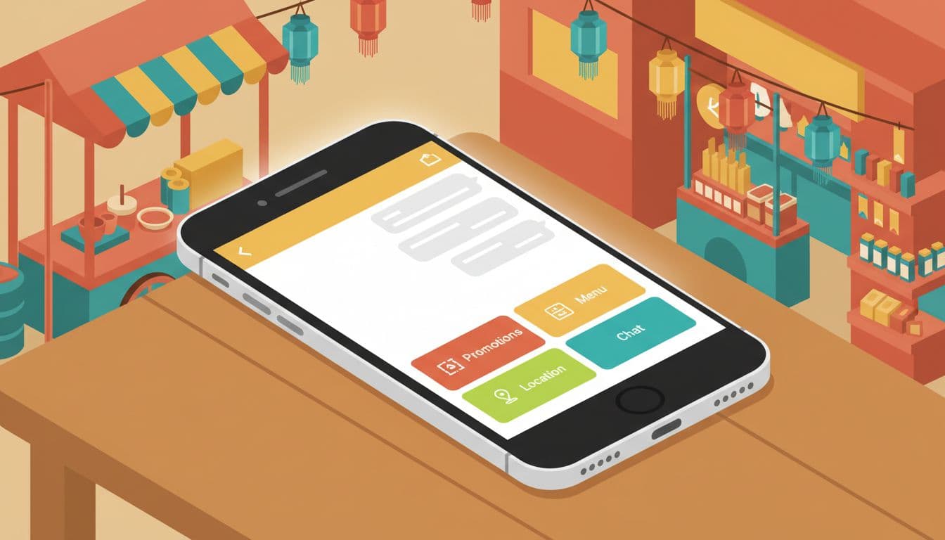 Smartphone screen shows LINE app with colorful Rich Menu buttons for promotions, menu, location, chat against Thai street stall background.