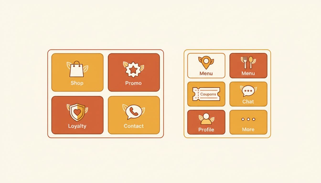 Side-by-side diagrams of two Rich Menu layouts: 4 large buttons and 6 smaller buttons with subtle lotus icons.