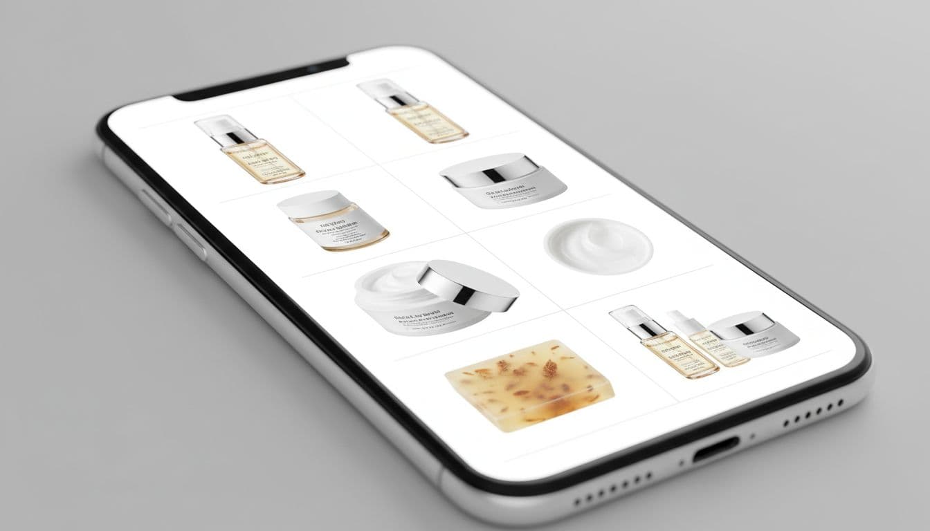 Mobile grid of high-quality images showing multiple angles and zooms of Thai cosmetic product on white backgrounds.