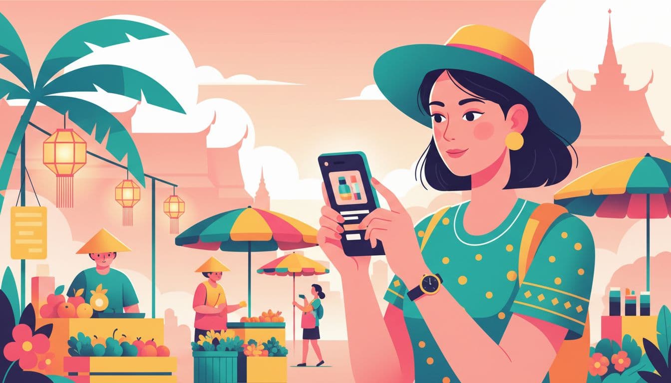 Thai person holds phone showing skincare product page, street market background.