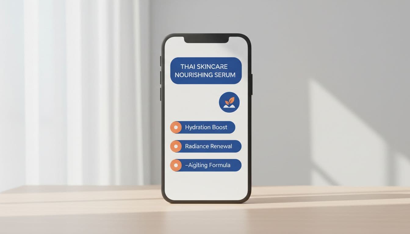 Mobile phone on simple desk shows Thai skincare product title and bullet points on Lazada screen in blues and oranges.