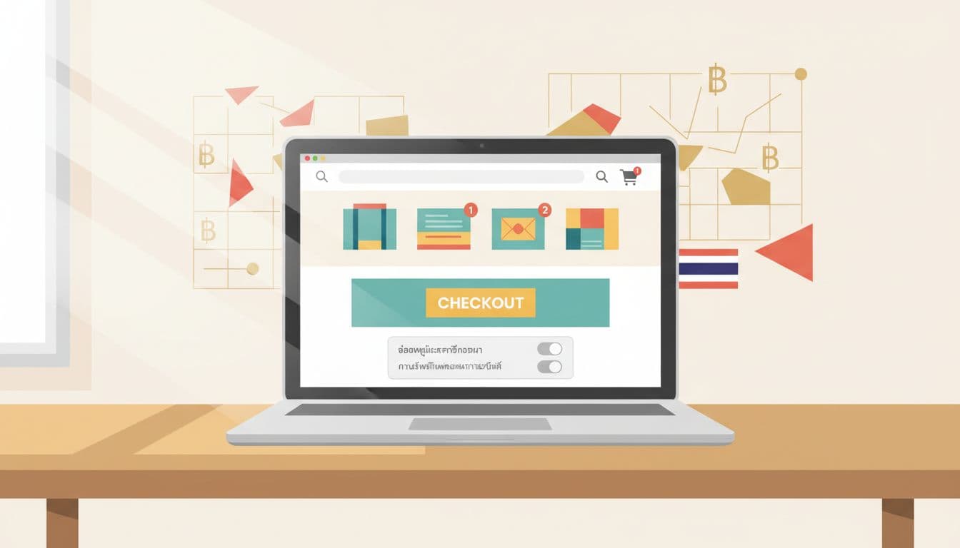 Laptop on desk in bright Thai office displays ecommerce product page with shopping cart, checkout button, and bottom cookie consent banner with toggles.