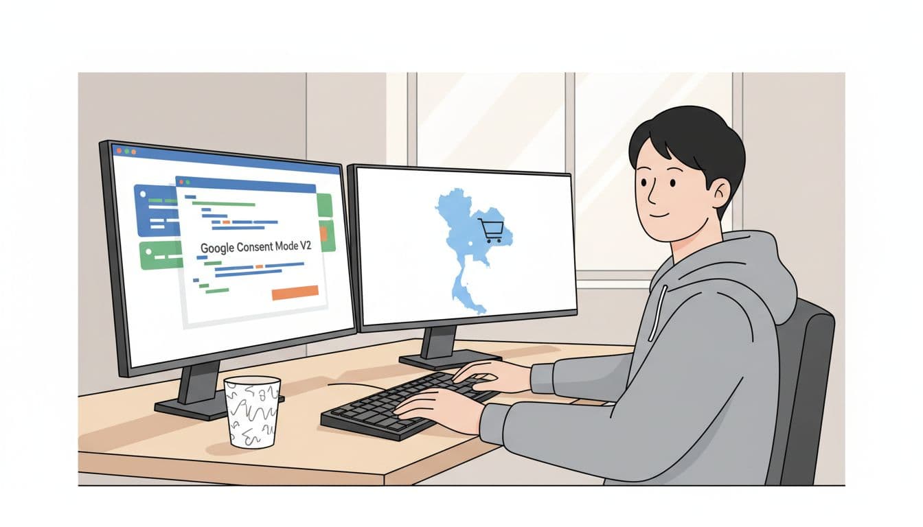 Web developer at desk with dual monitors showing Google Tag Manager interface for Consent Mode V2 code.