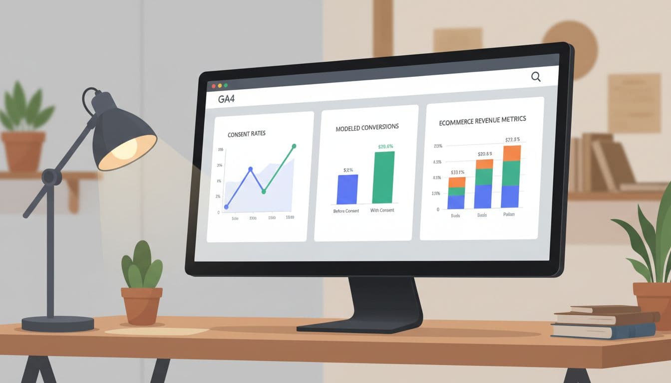 Computer screen shows GA4 dashboard with charts for consent rates, modeled conversions, and ecommerce revenue featuring baht icons.