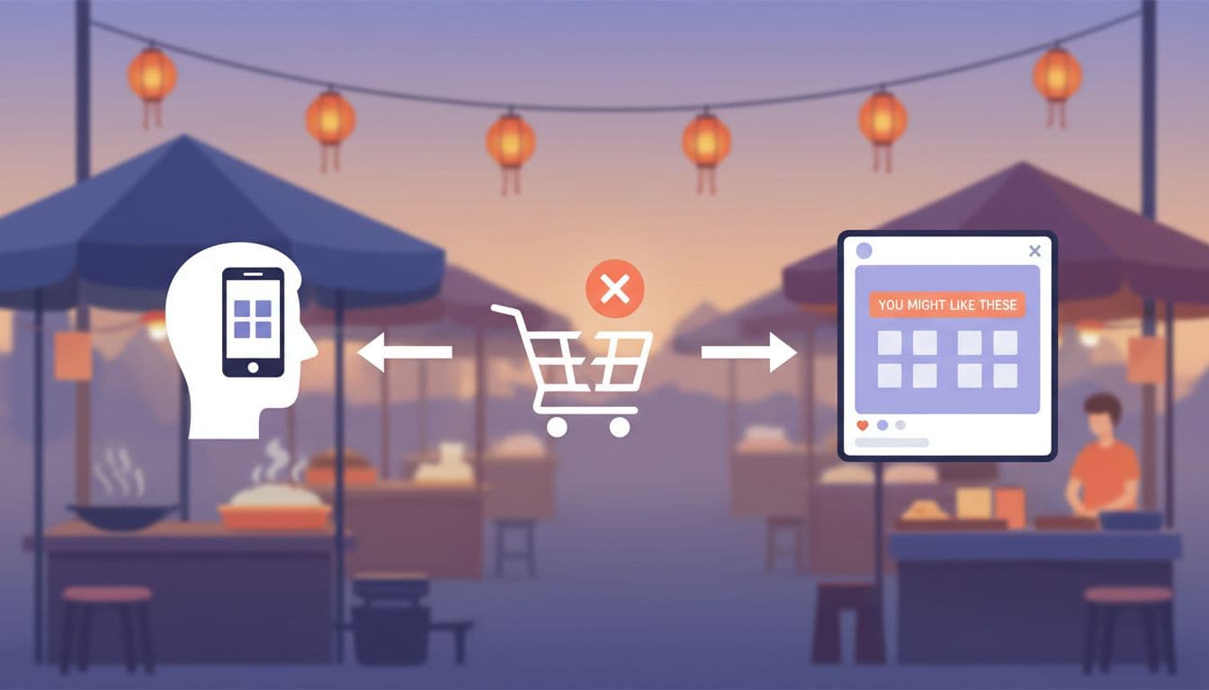 Shopper icon views products on phone and abandons cart, then sees personalized ad on social feed against subtle Thai street market background.