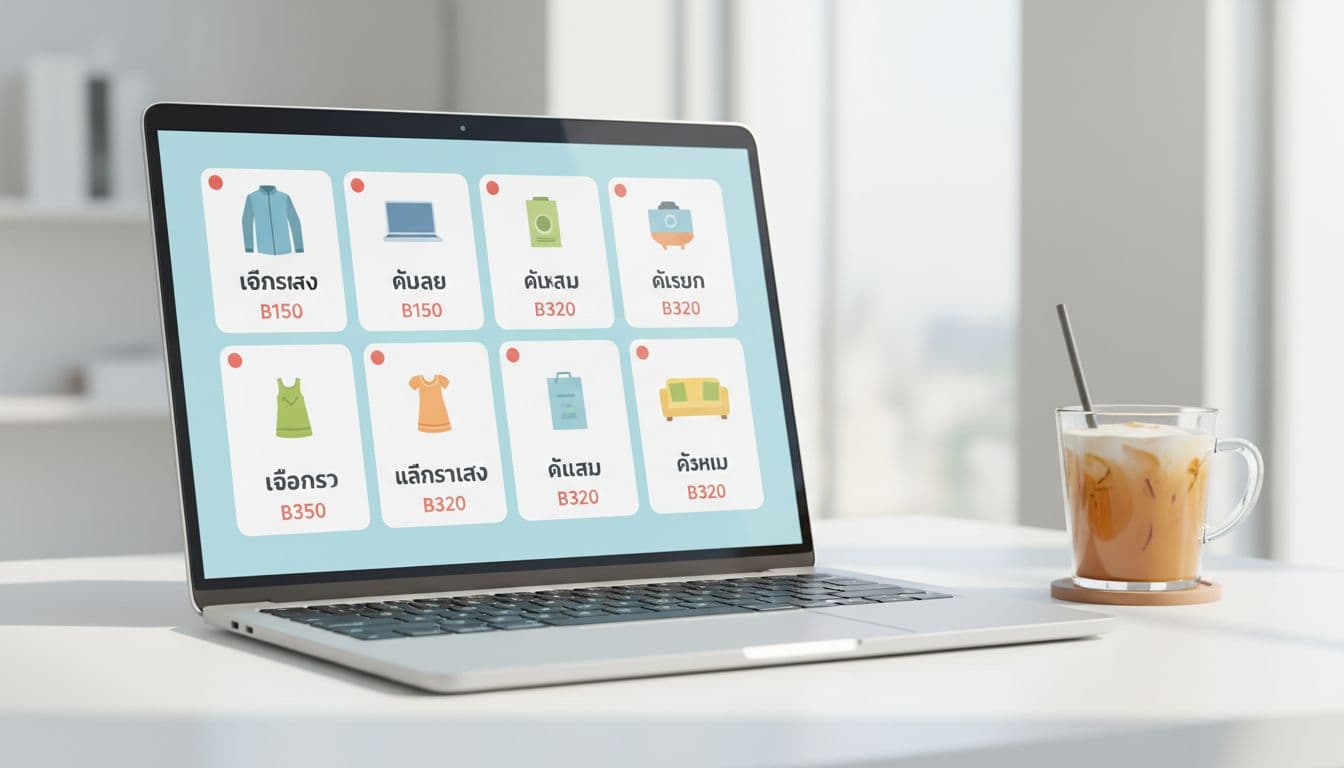 Laptop screen shows rows of product cards with images, Thai names, and baht prices on minimalist desk with Thai iced coffee cup.