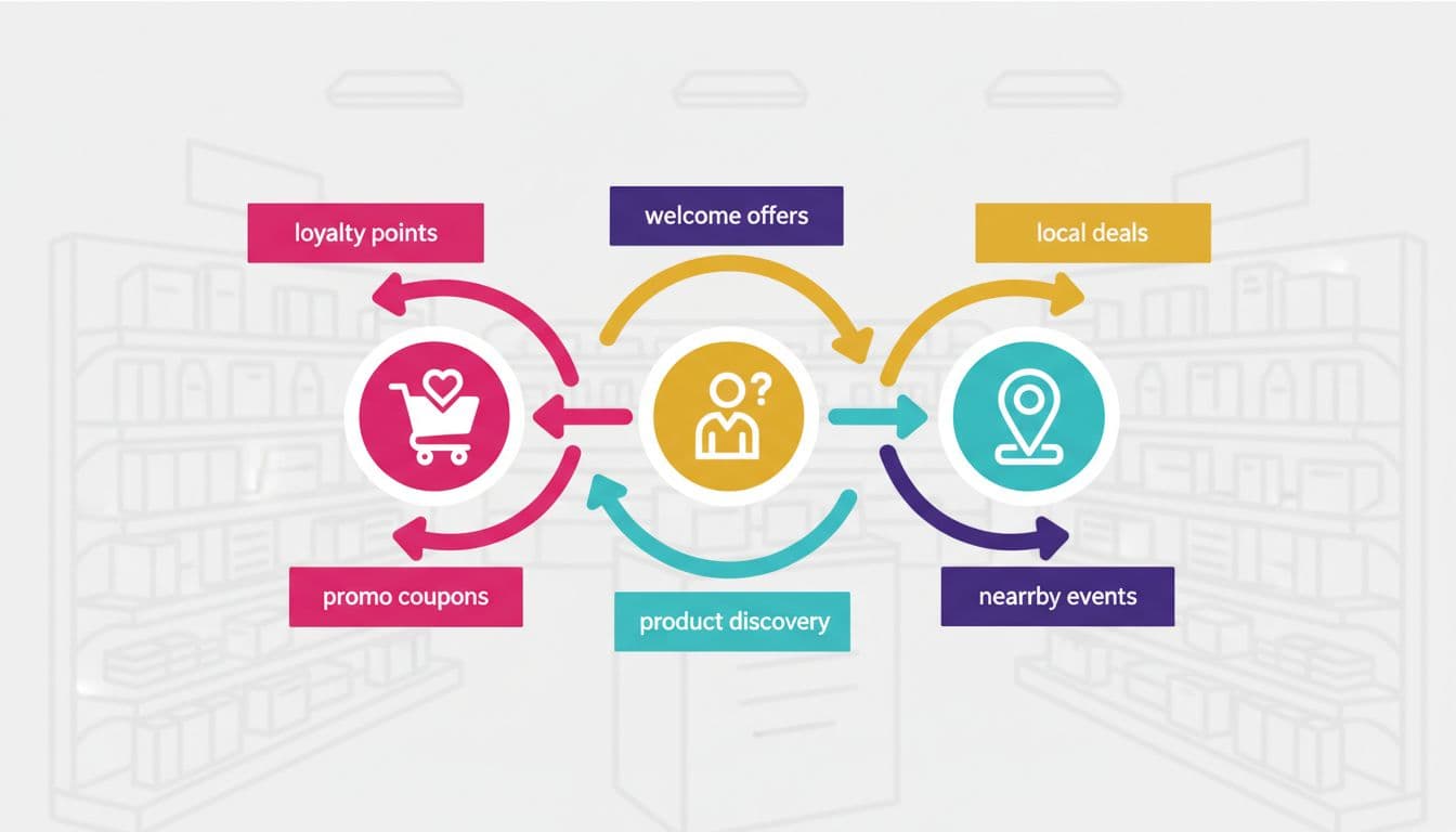 Flowchart diagram with three central icons for user groups like loyal buyers, new visitors, and location-based, arrows to tailored messages like coupons and points, subtle store shelves background.