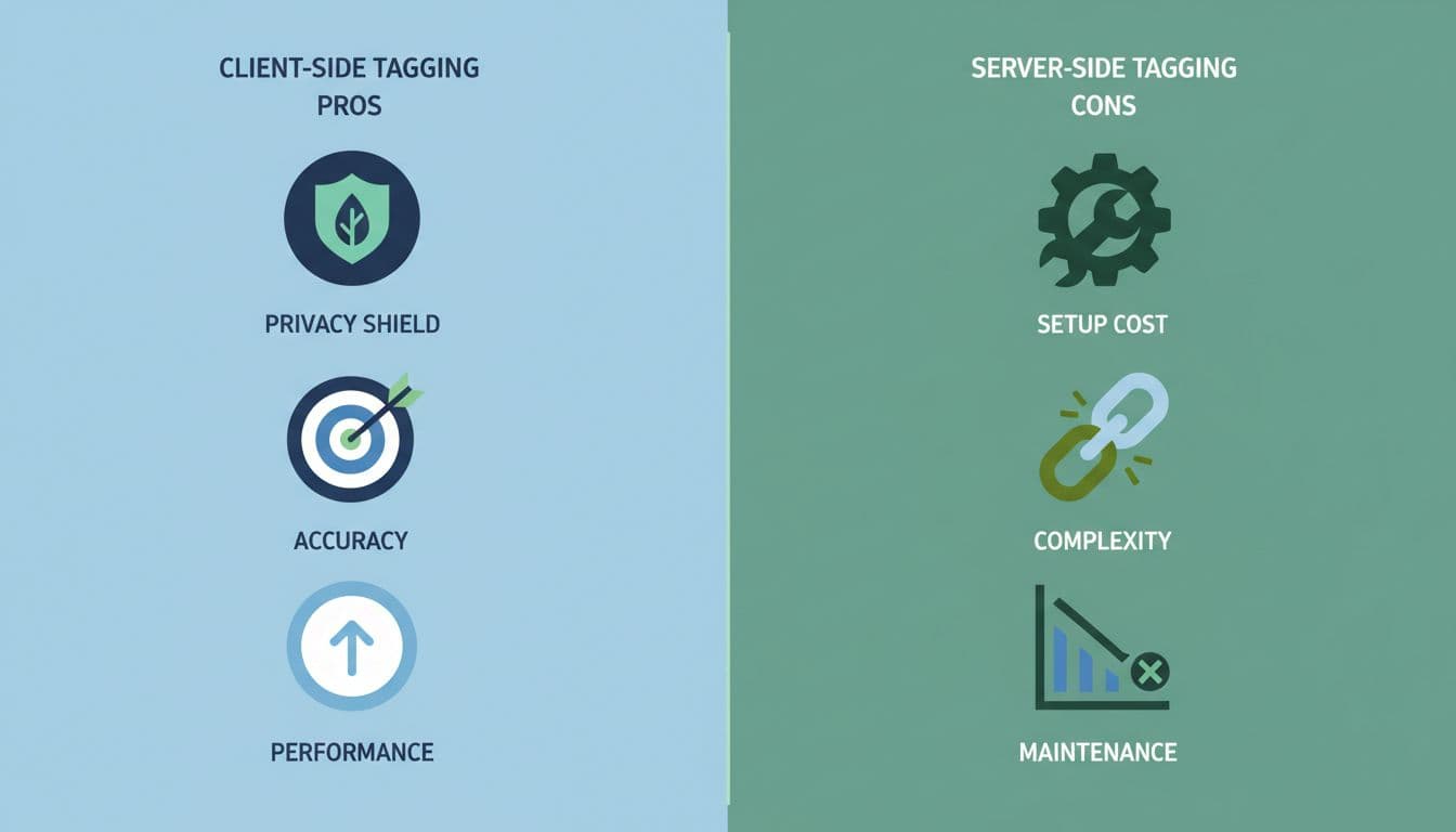 Split screen shows pros like privacy shield and accuracy icons on left, cons like setup cost on right.