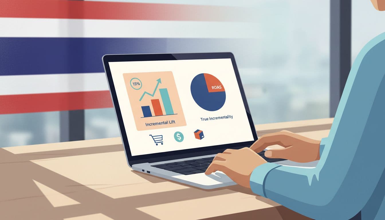 Person at desk with angled laptop screen showing abstract bar and pie charts, subtle Thai flag in background.