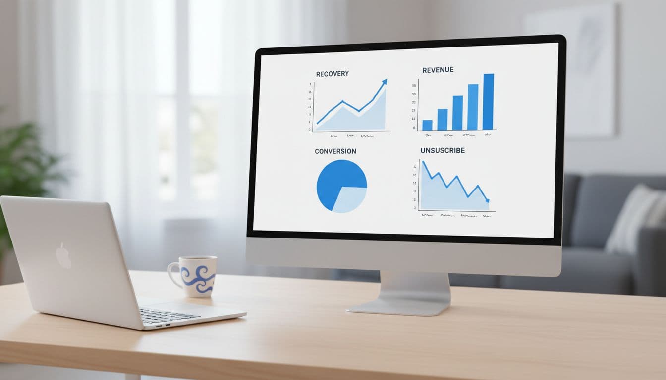 Laptop on desk with coffee mug shows clean blue-and-white charts for LINE abandoned cart metrics.
