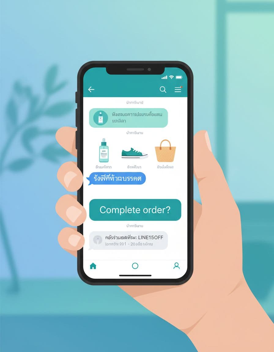 Hand holds smartphone displaying LINE chat with abandoned cart reminders, product images, free shipping, discount, and 'Complete order?' bubble.