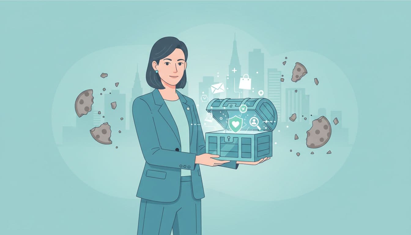 Confident Thai brand manager holds glowing chest filled with customer data icons, amid crumbling cookie fragments and faint Bangkok skyline.