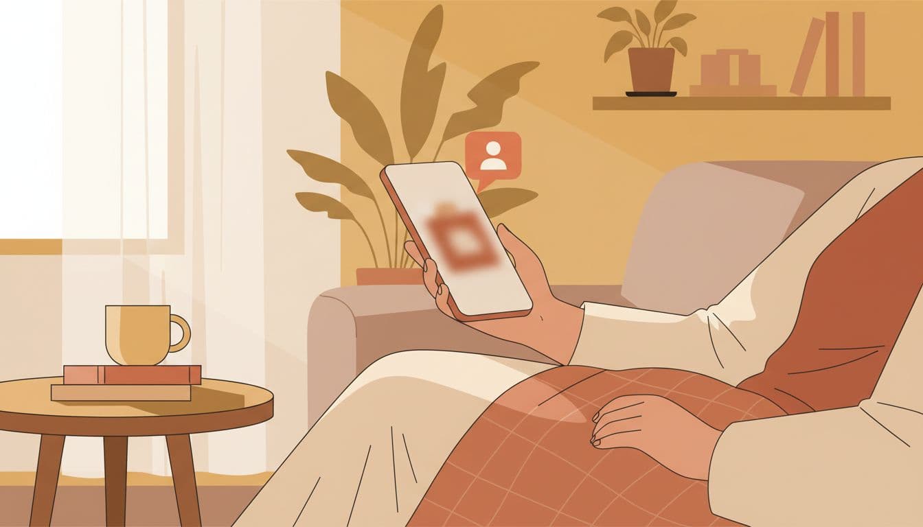 Hand holds phone with blurred LINE notification for personalized recommendations in cozy home.