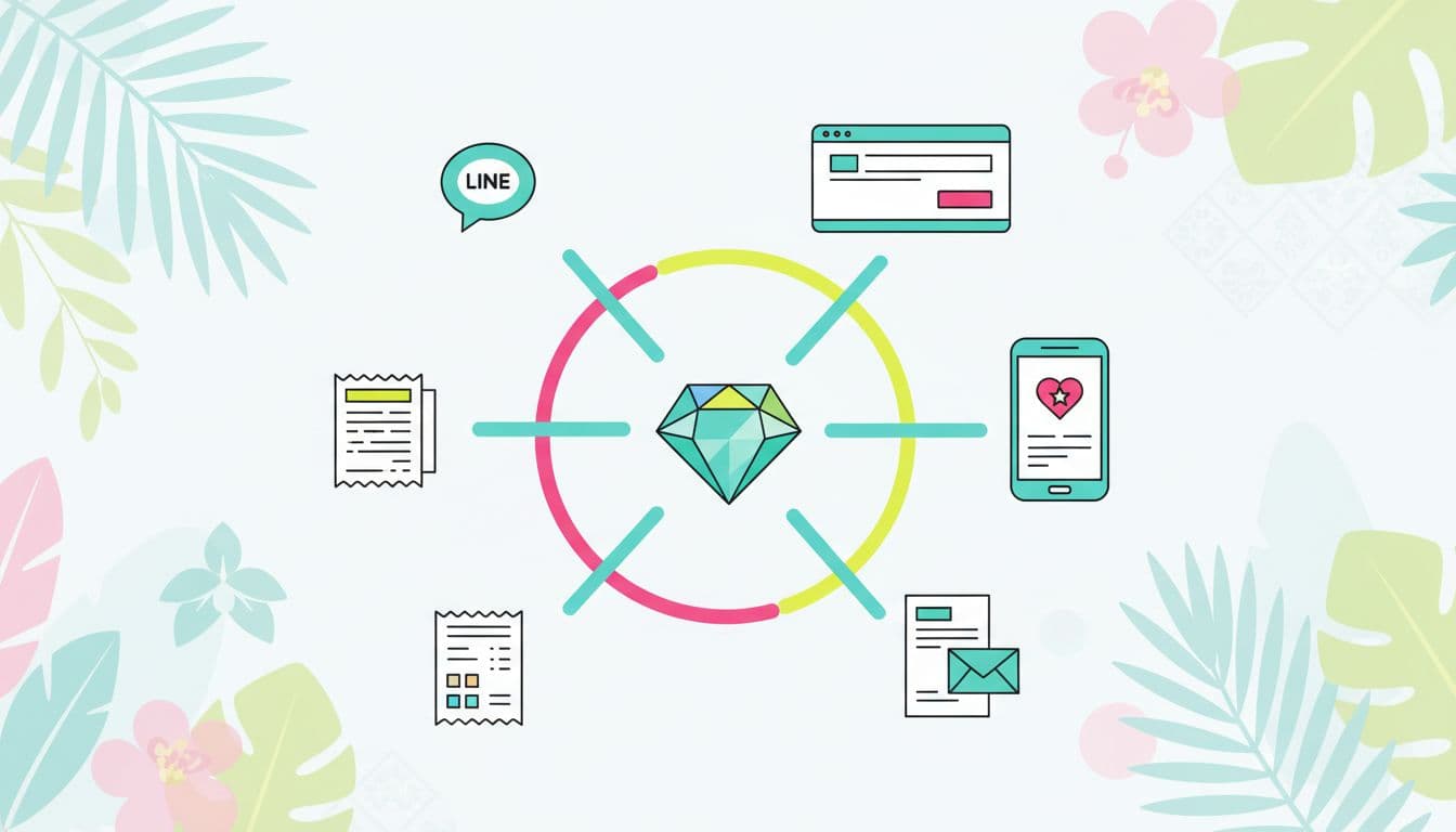 Central data hub receives streams from LINE bubble, website form, loyalty app, email newsletter, and store receipt amid subtle tropical elements.