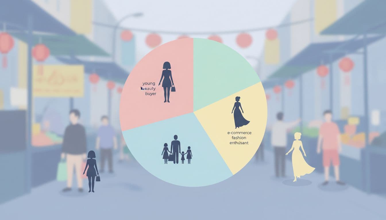 Pie chart on dashboard divides three stylized Thai customer silhouettes against Bangkok street market background.