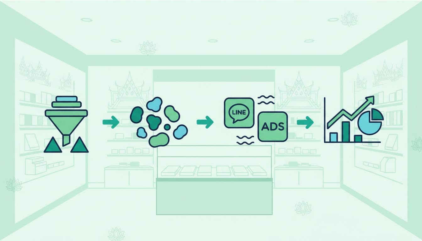 Horizontal timeline roadmap with four icons: data funnel, segmentation clusters, activation channels, measurement graphs in green-blue tones.