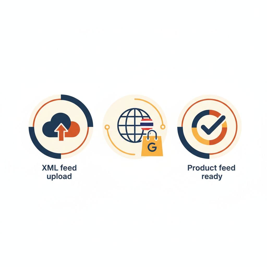 Step-by-step icons show XML feed upload, store mapping, and subtle Thailand flag on white background.