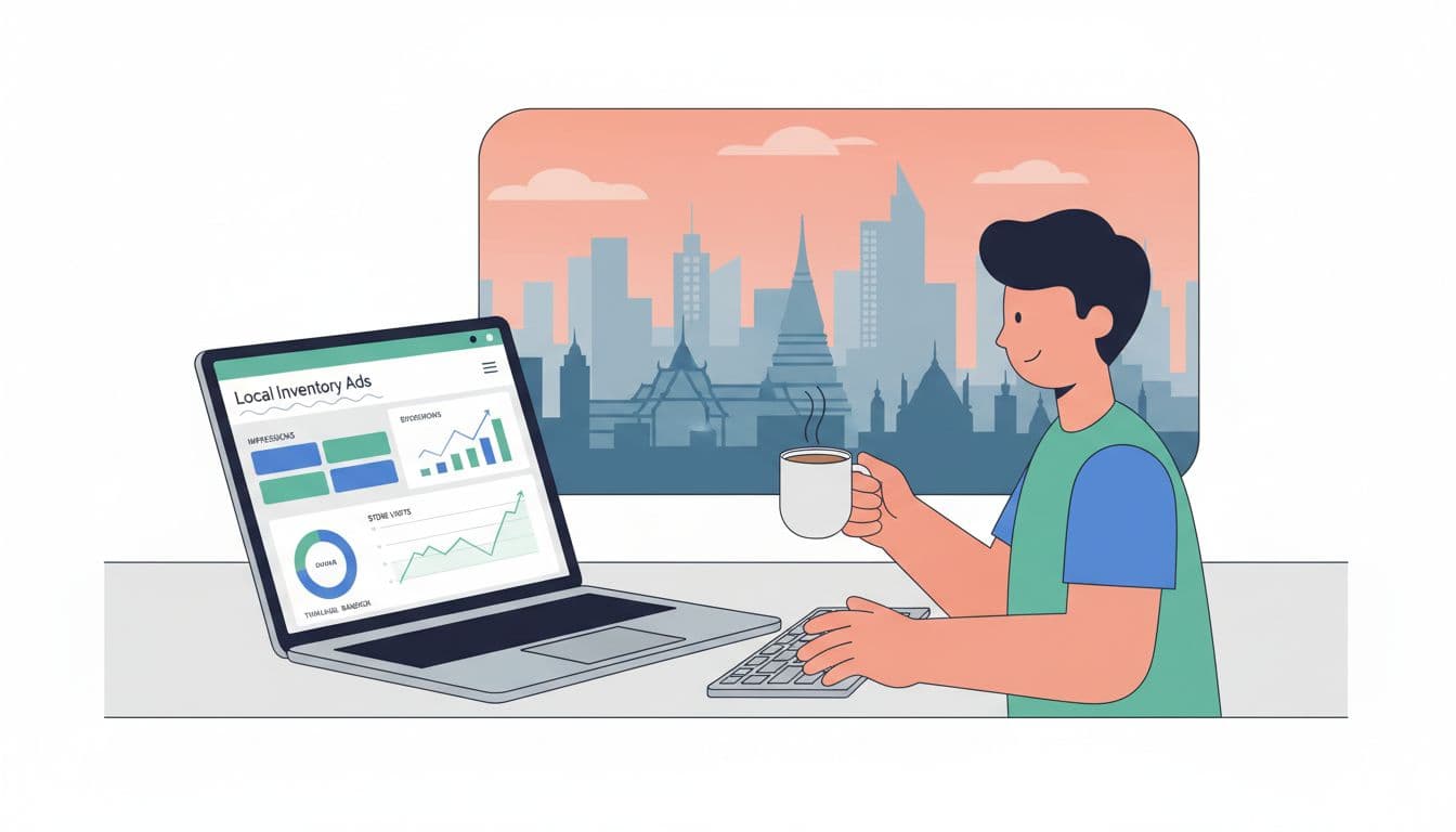 Laptop screen shows Google Ads dashboard with Local Inventory Ads metrics; single marketer at desk with coffee mug, hands on keyboard, Bangkok skyline in background.