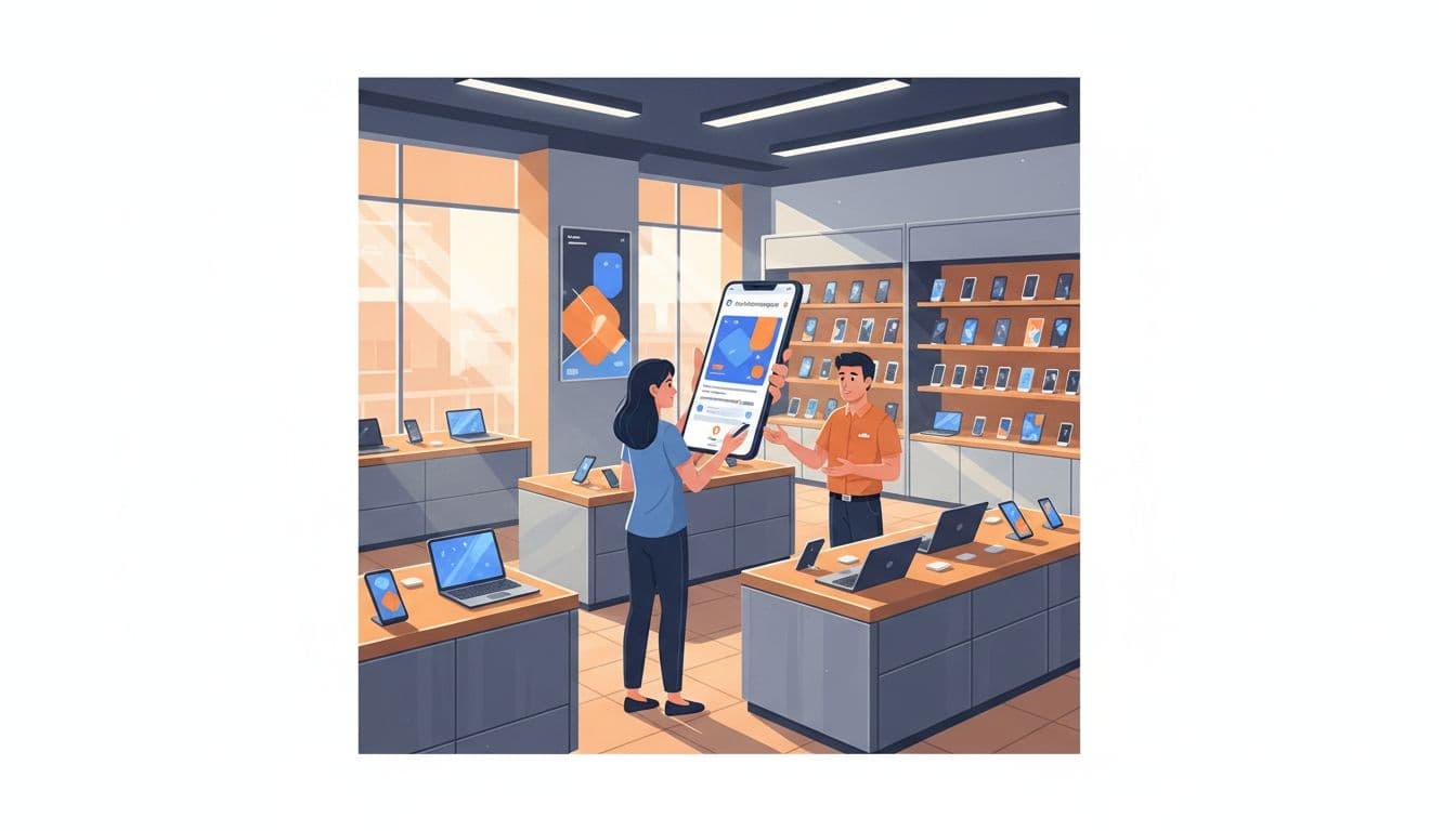 Thai retail store interior with shelves of smartphones and laptops, customer viewing inventory ad on angled phone screen, salesperson nearby.