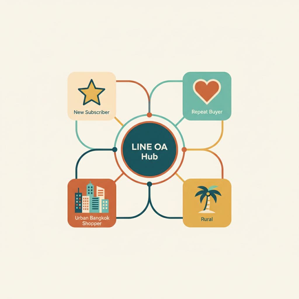 Icons for new subscriber, repeat buyer, urban Bangkok shopper, and rural customer surround central hub, connected by lines in teal and orange.
