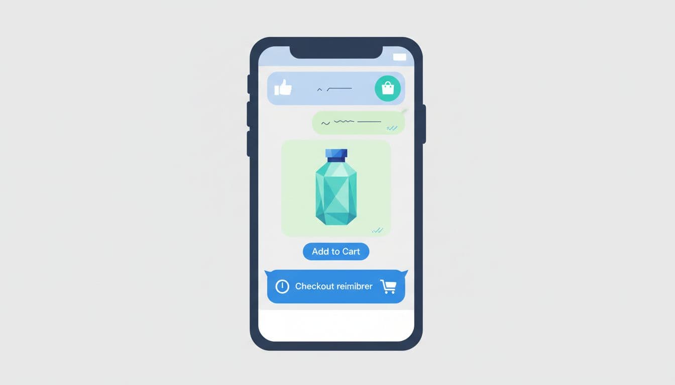 Smartphone screen displays LINE chat with ecommerce welcome flow: thumbs-up icon, product add-to-cart, checkout reminder.