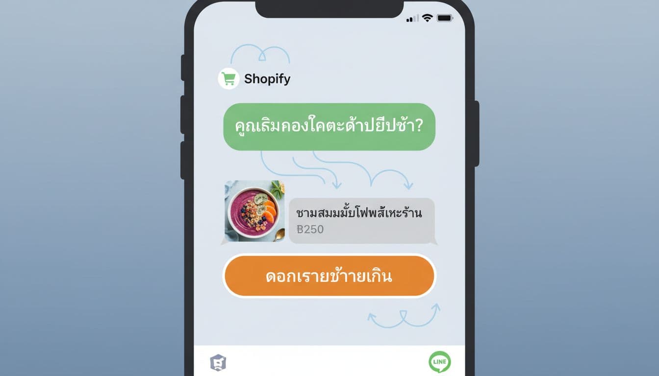 Phone screen shows LINE chat with abandoned cart message, product photo, purchase button, Shopify icons, and data flow arrows.