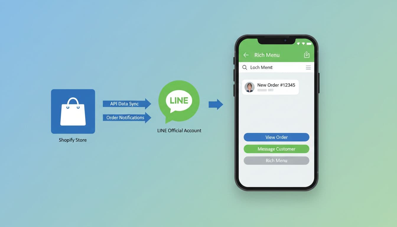 Diagram shows Shopify icon flowing to LINE account via API arrows for data sync and order notifications, with rich menu on phone screen.