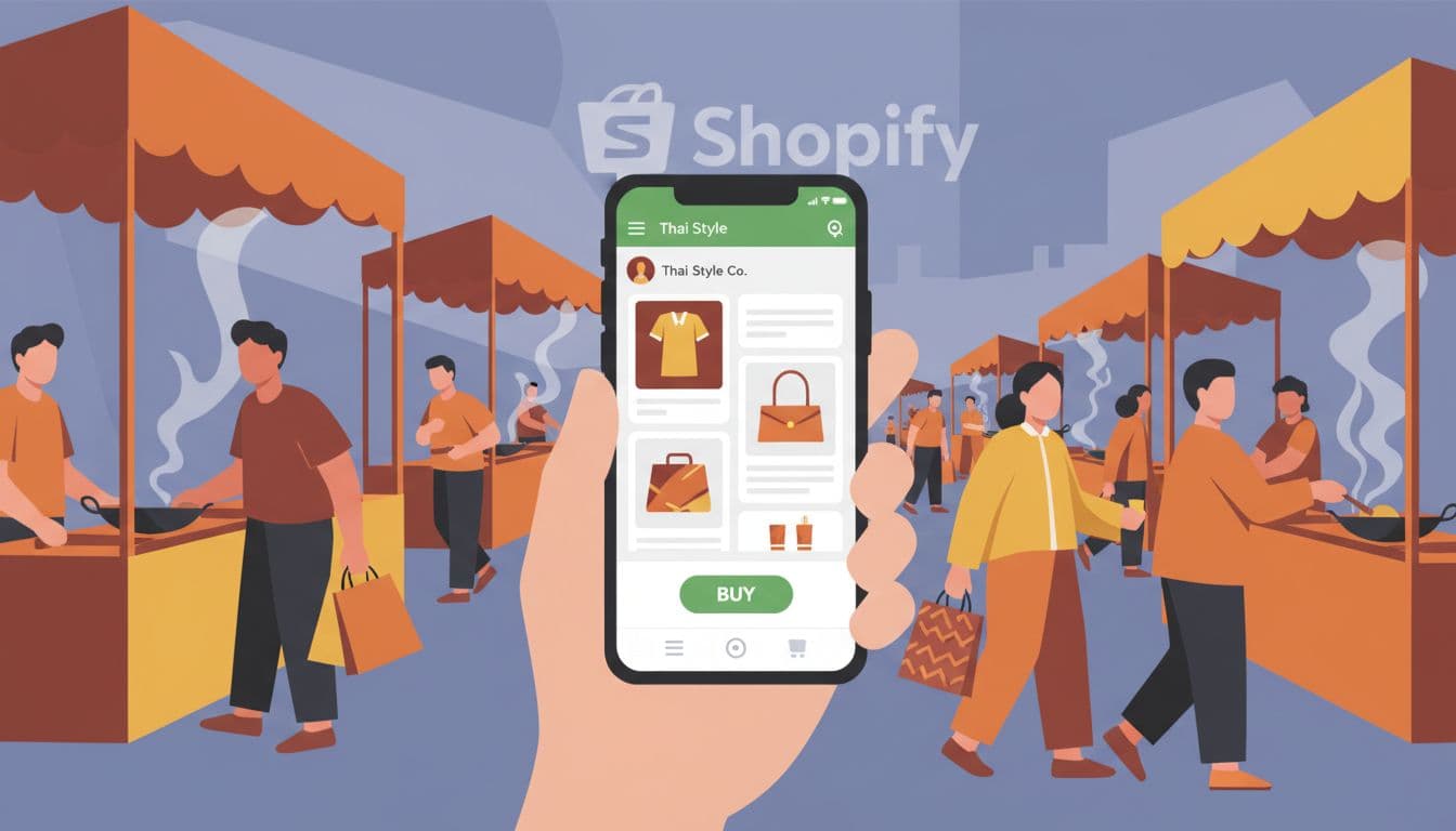 Bustling Thai night market with food stalls, shoppers, and central phone showing LINE app chat.