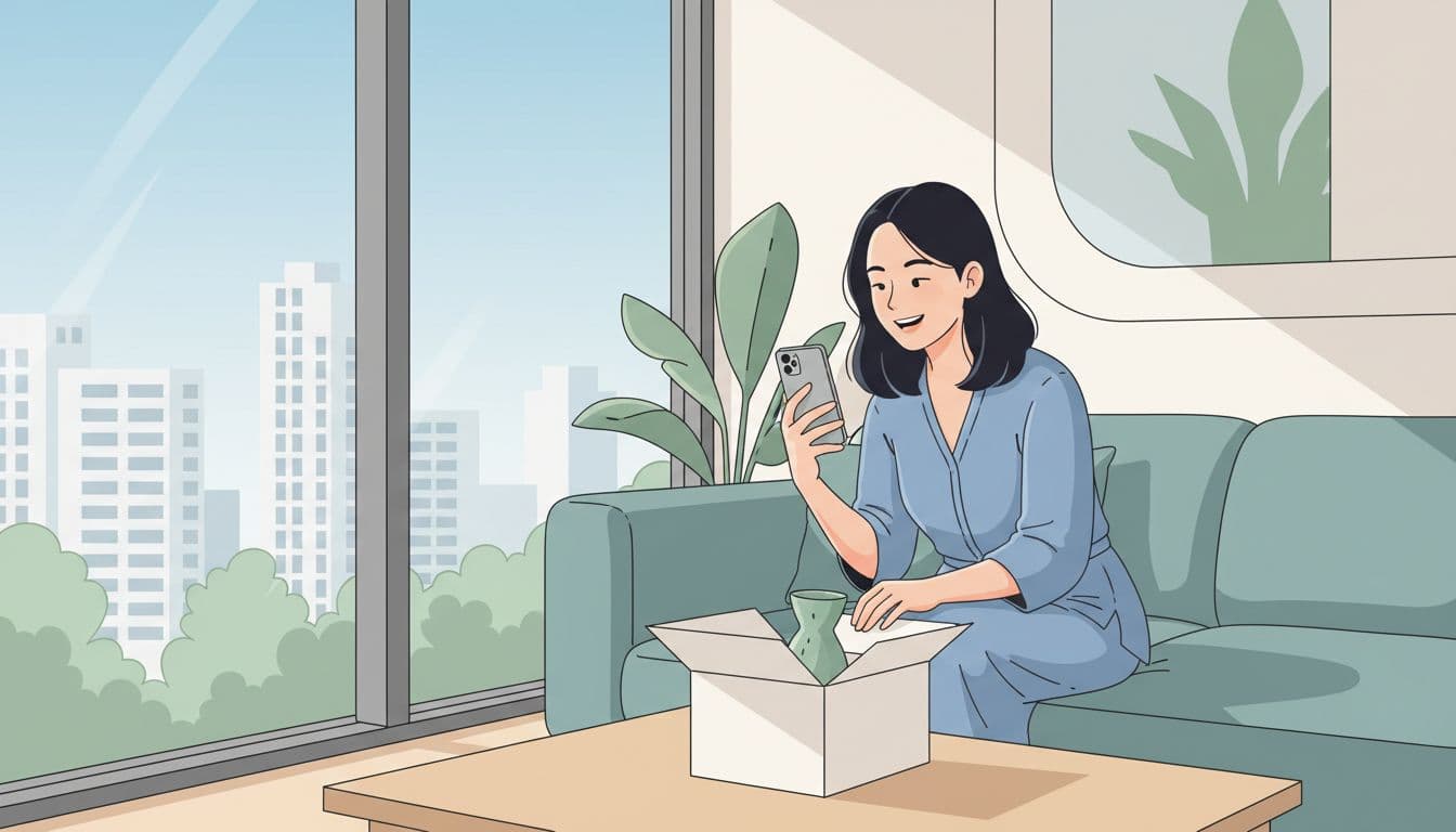 Young Thai woman smiles while filming product unboxing on her phone in modern Bangkok apartment.