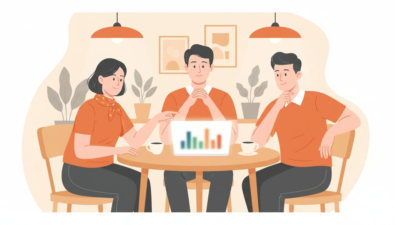 Three diverse Thai creators around cafe table review blurred laptop analytics dashboard.