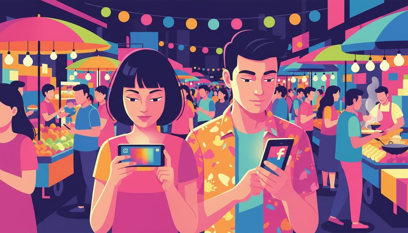 Two foreground shoppers check phones naturally at bustling Thai night market with evening lights and background crowd.