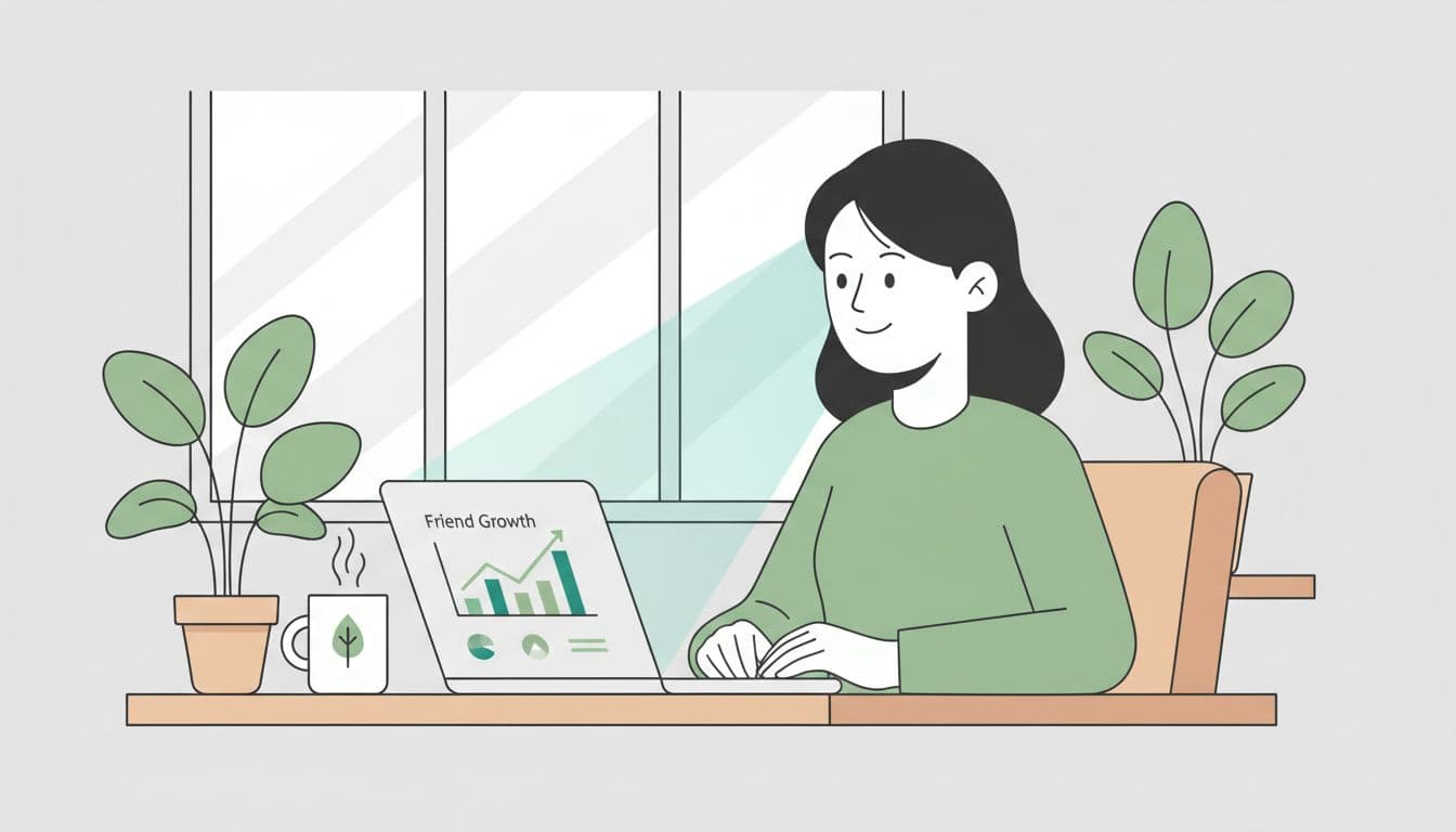 Marketing professional at desk views blurred LINE analytics dashboard showing friend growth on laptop in simple office with coffee mug and plants.