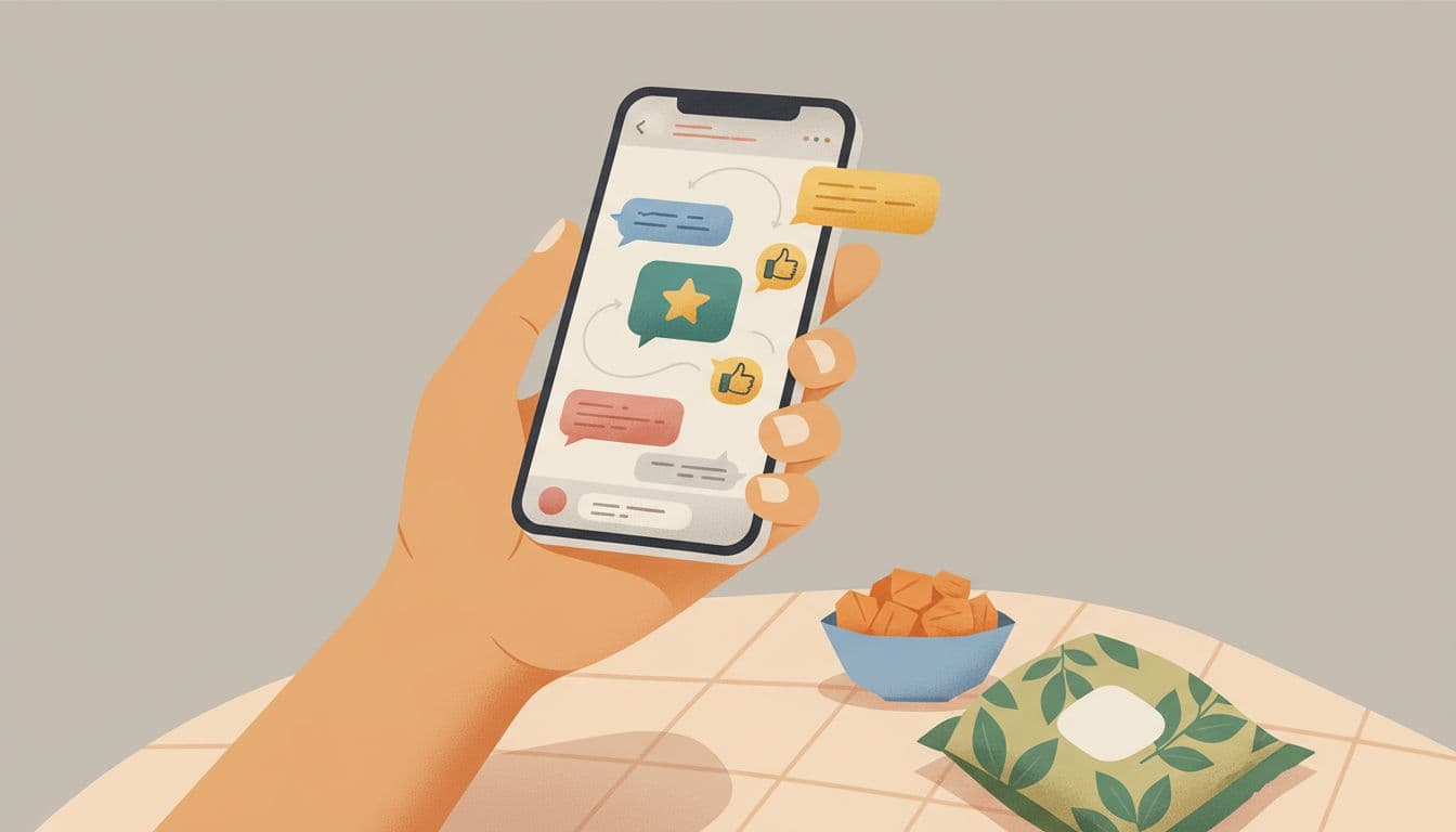 Hand holds smartphone displaying abstract LINE chat with colorful reward coupon icon and thumbs-up emojis, Thai snacks nearby in cozy home.