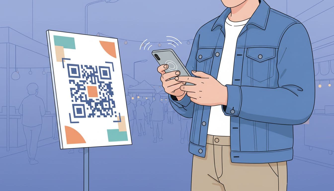 Thai business owner scans QR code poster with smartphone in vibrant Bangkok street market under evening lights.