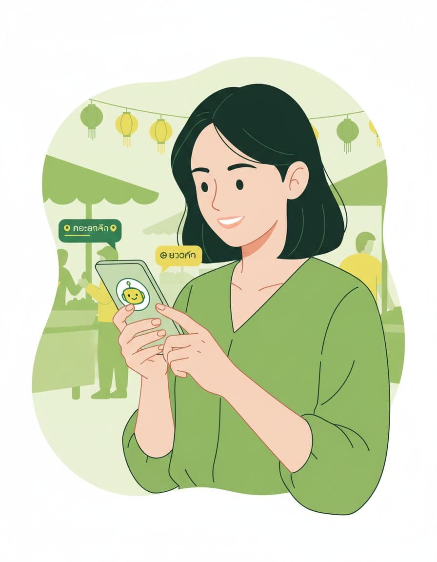 Thai customer holds phone displaying LINE chat about redeeming loyalty points, subtle street food market background.