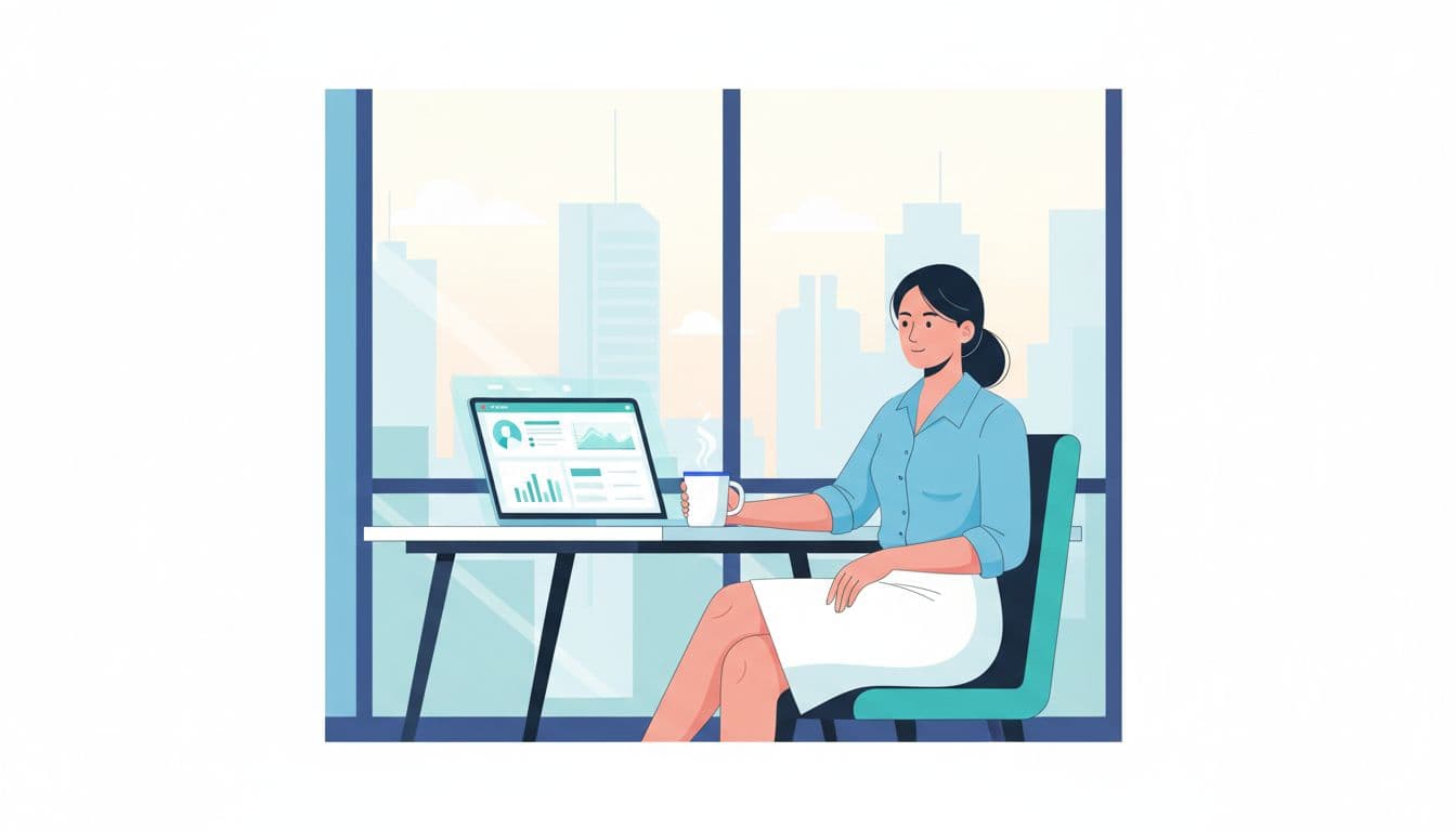 Thai marketing manager sits at desk with open LINE CRM laptop in modern Bangkok office, city skyline through window, coffee mug nearby.