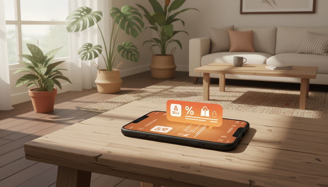 Smartphone on wooden table receives LINE notification bubble offering discount on abandoned shopping bag items in sunny Thai living room.