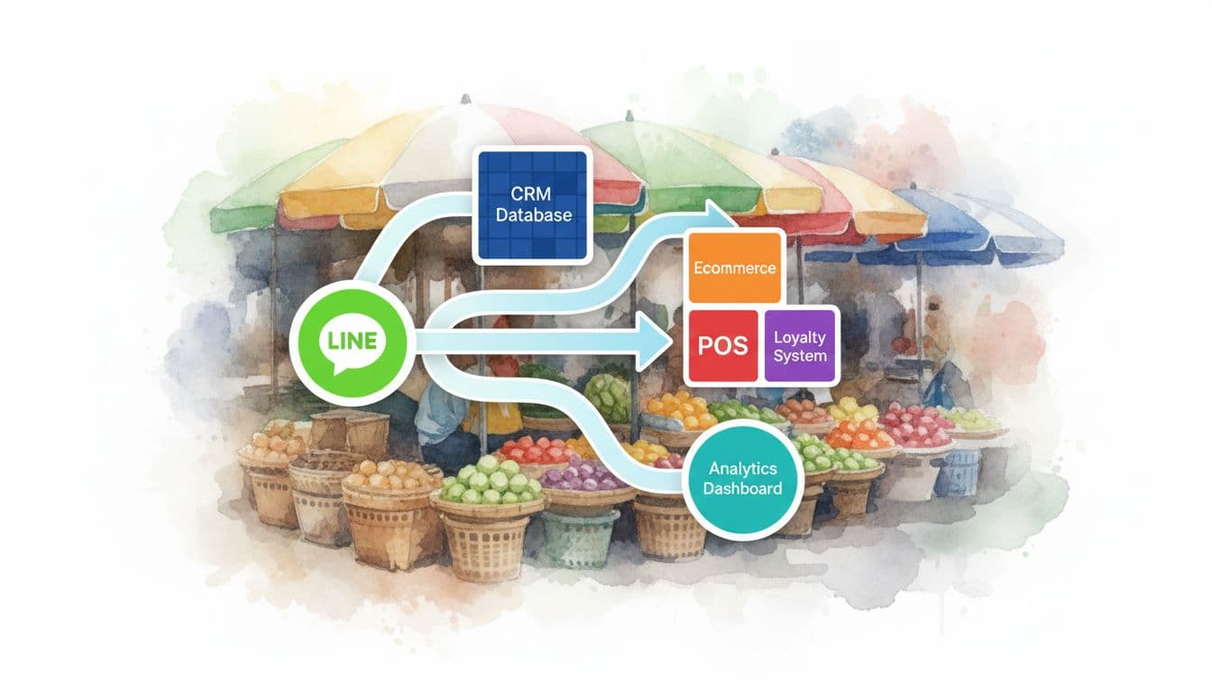 Arrows link LINE icon to CRM, ecommerce, POS, and loyalty icons against subtle Thai market stall background.