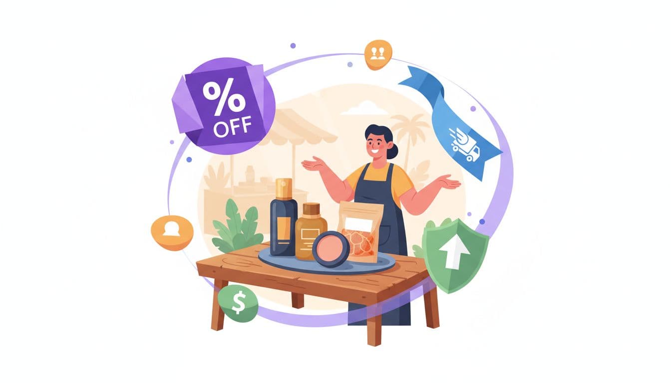 TikTok Shop voucher icons surround central Thai product display on market table with smiling shopkeeper behind.