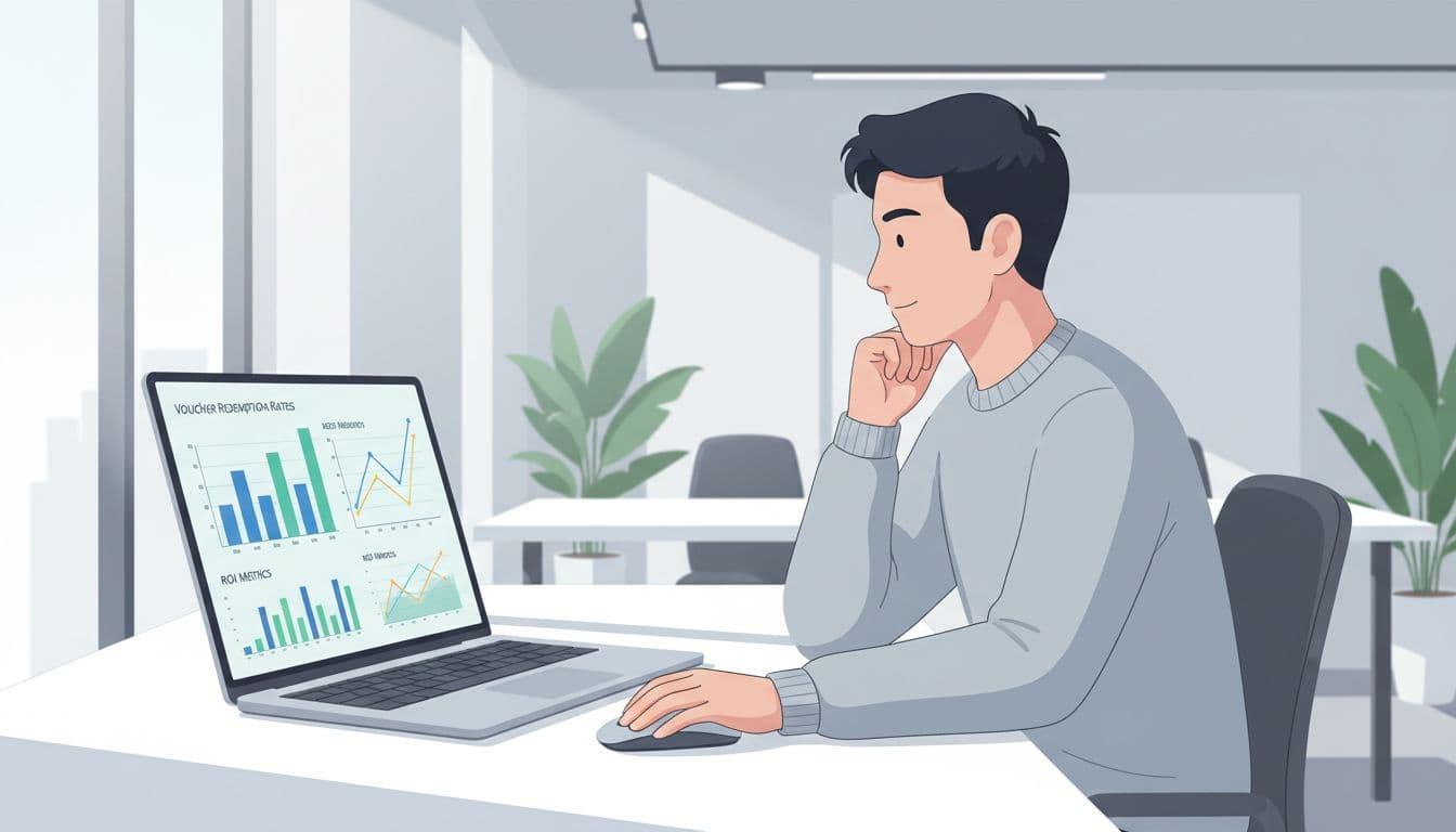Analyst in modern office views laptop screen displaying graphs of voucher redemption rates and ROI metrics.