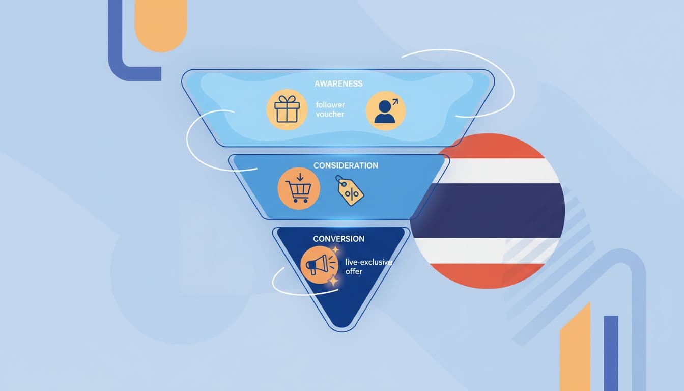 Blues and oranges sales funnel diagram with voucher icons at awareness, consideration, and conversion stages plus subtle Thai flag background.