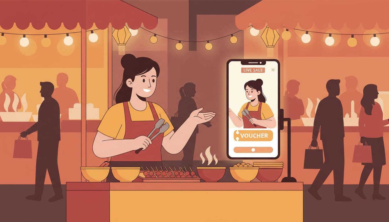 Seller at bustling Thai night market stall holds phone showing TikTok live sale with voucher popup, blurred shoppers behind.