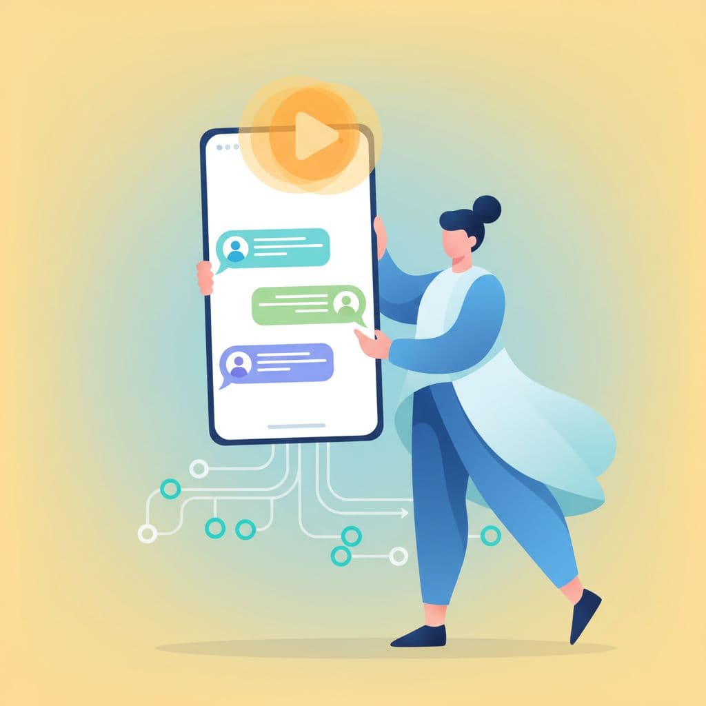 Illustration of a person holding a smartphone displaying a generic chat interface on a bright background.