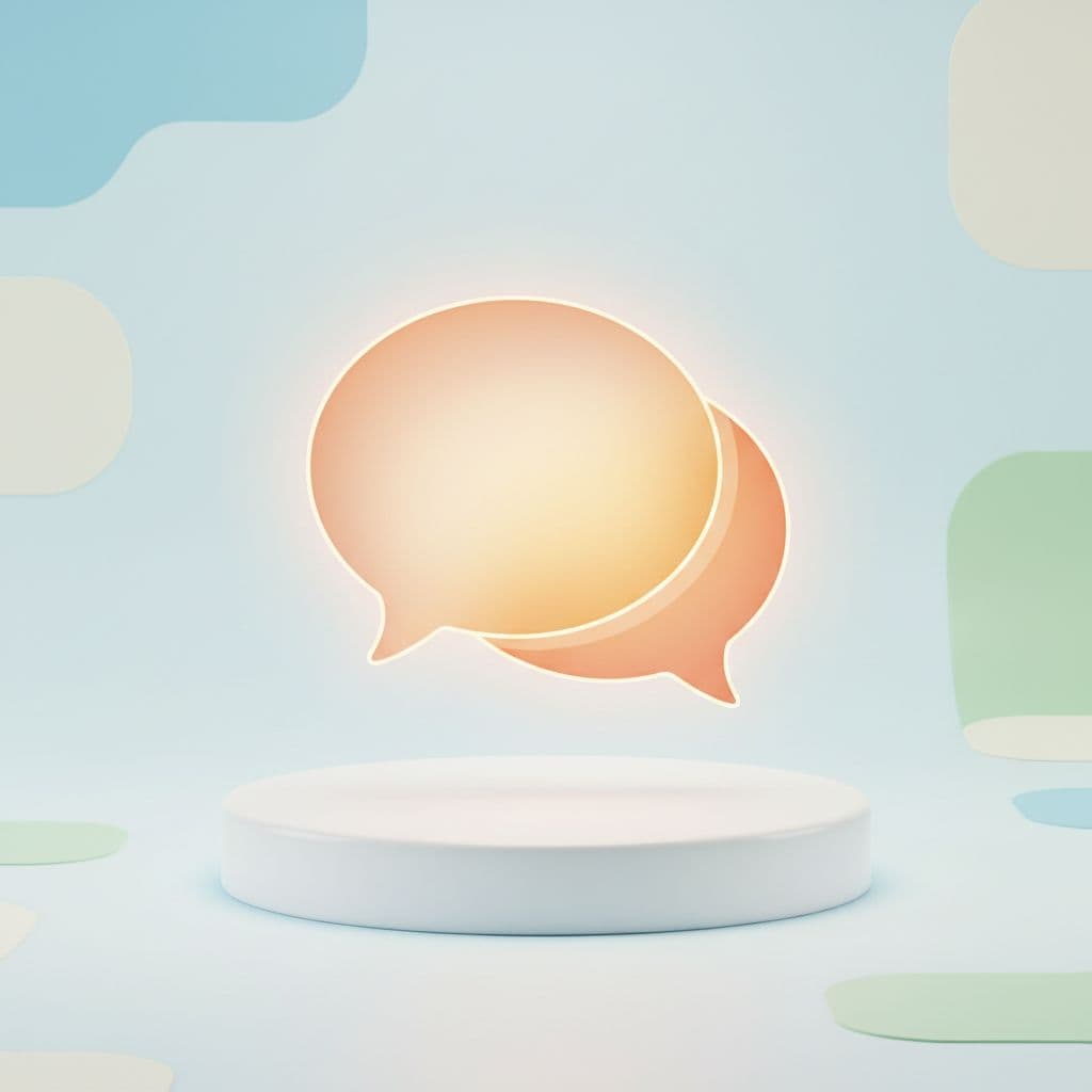 Stylized chat icon glows warmly, floating above flat surface in modern uncluttered setting.