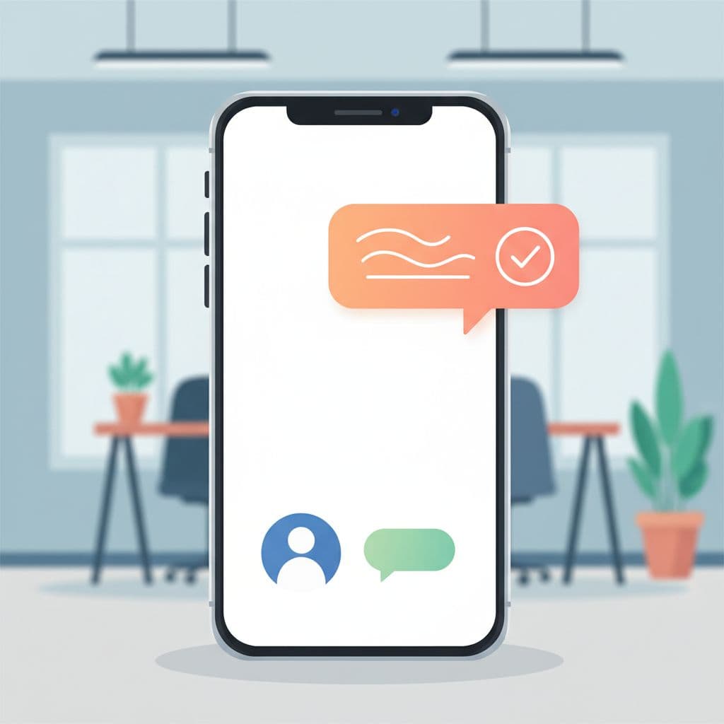 Smartphone screen shows friendly notification bubble against minimalist office background.