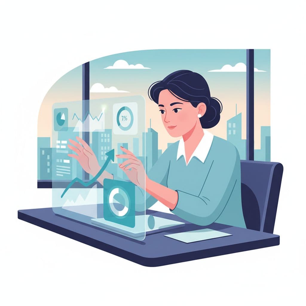 A professional analyzes data trends and conversion metrics on a modern dashboard interface.